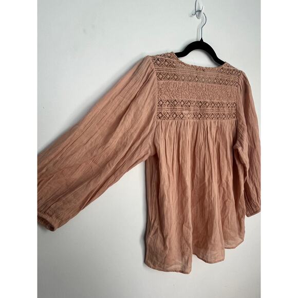 Joie Boho Peasant Blouse Women S Pink Crochet Lace Gauze Cotton Top - Picture 6 of 8
